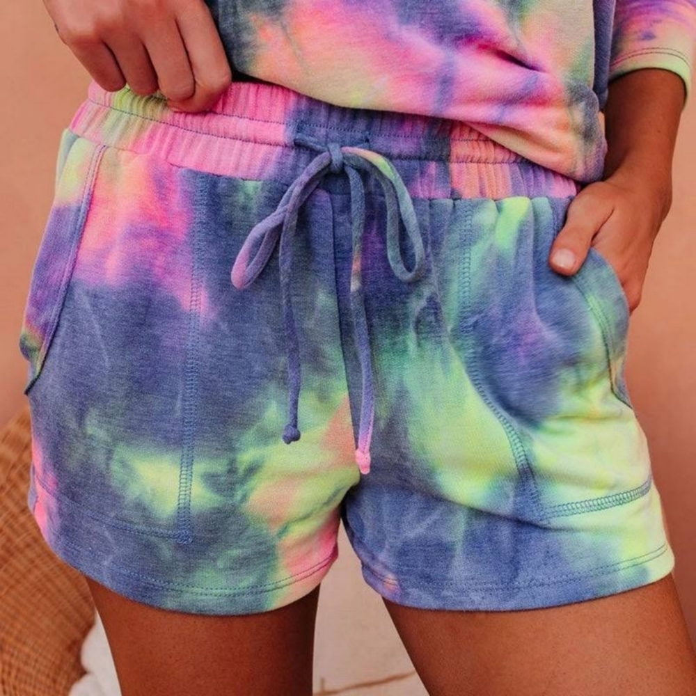 Vici Harmony Multicolored Rainbow Tie Dye Printed High Rise Knit Lounge Shorts